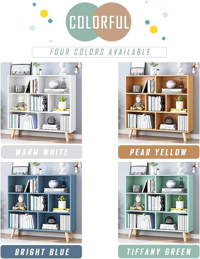 IOTXY Wooden Open Shelf Bookcase - 3-Tier Floor Standing Display Cabinet Rack with Legs, 7 Cubes Bookshelf, Bright Blue-Ruum Studio Home