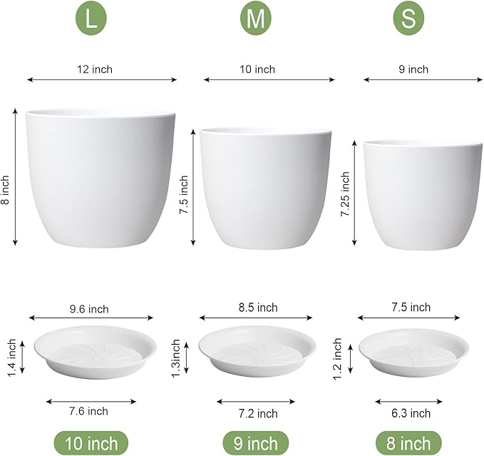 12/10/9 inch Large Plant Pots, 3 Pack Modern Decorative Plastic Planters with Drainage Holes and Saucers, Flower Pots for Indoor Outdoor Plants, White-Ruum Studio Home