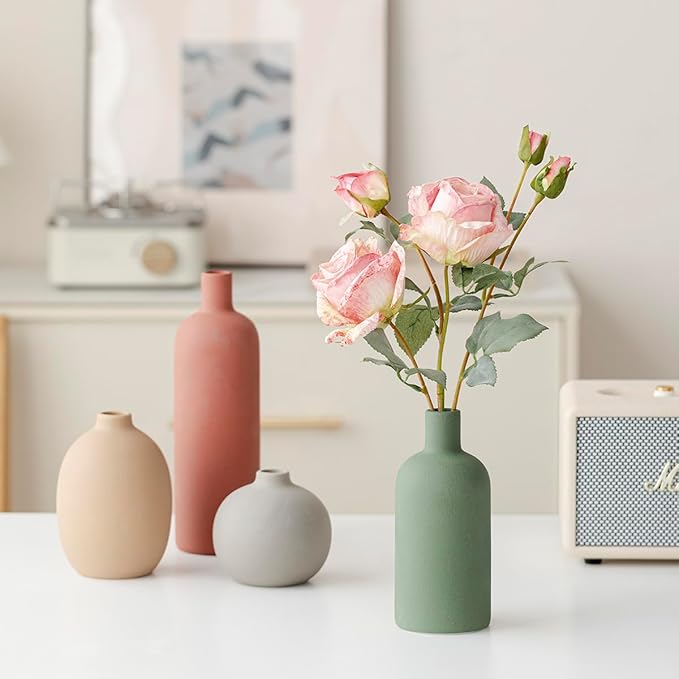 Modern Ceramic Vase Set, Neutral Colors, Decorative Vases for Home Decor, 4 Piece Collection (Green Mix Set 4)-Ruum Studio Home