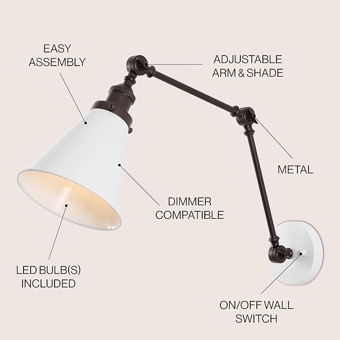 JONATHAN Y JYL7462C Rover 7" Classic Industrial Metal Adjustable Arm LED Wall Sconce, White/Oil Rubbed Bronze for Bedroom, Bathroom, Vanity-Ruum Studio Home
