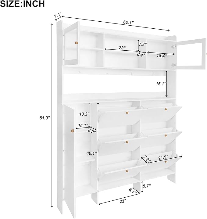 Ball & Cast Tipping Bucket 3-Tier Shoe Cabinet with 6 Flip Drawers and Storage Shelf,Entryway Hall Tree with Tempered Glass Doors and 4 Hooks,for Hallway,Mudroom,Living Room,White-Ruum Studio Home