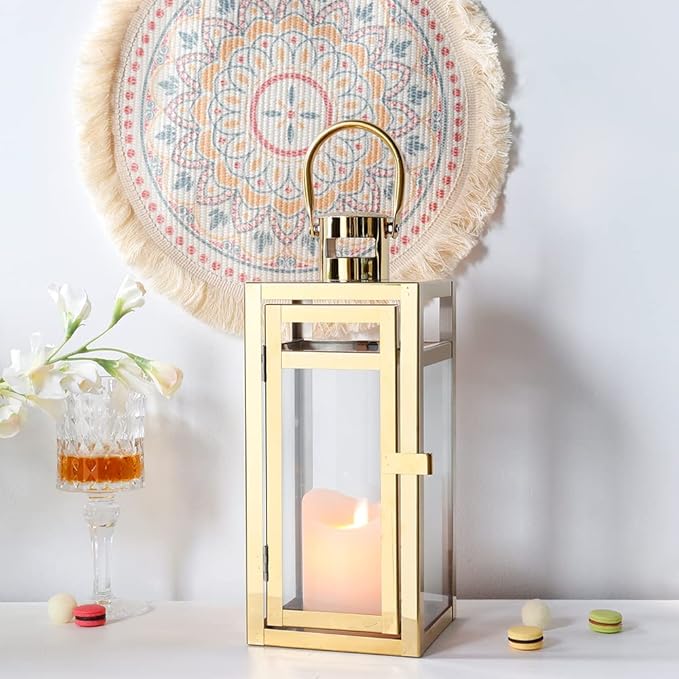 TRIROCKS Stainless Steel Decorative Lantern 12'' High Metal Candle Holder Outdoor Candle Lantern with Tempered Panels for Christmas Home Decor Living Room Parties Events Tabletop Indoor Outdoor (Gold)-Ruum Studio Home