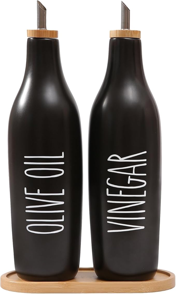 HOMCDALY Olive Oil and Vinegar Dispenser Set, Ceramic Oil and Vinegar Bottles with Bamboo Tray, 16.9oz Kitchen Cruet - Set of 2 - Black-Ruum Studio Home