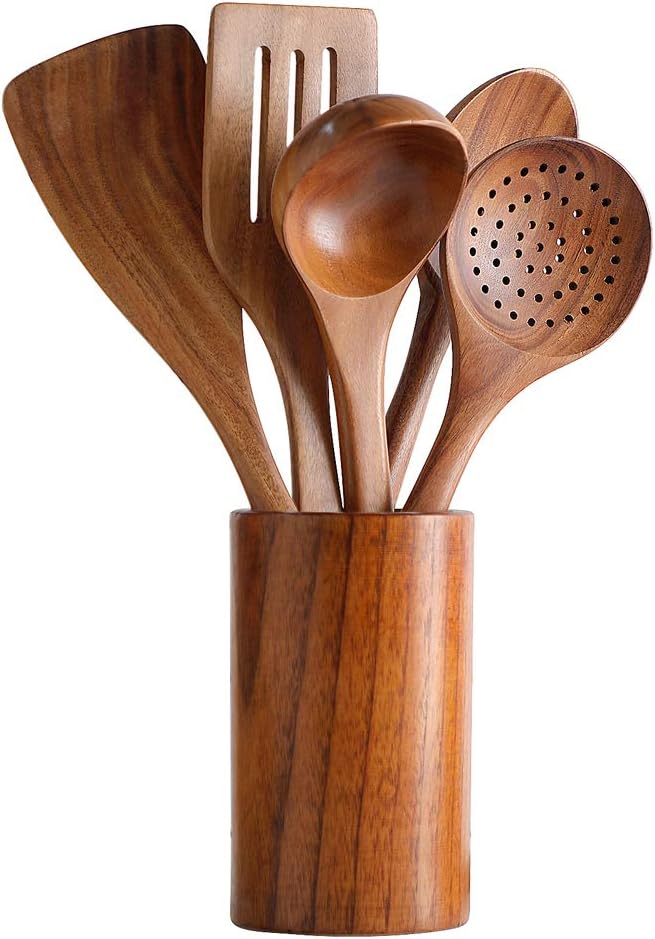 Wooden Spoons for Cooking, Cooking Utensils Set of 6 Natural Teak Wooden Cooking Spatulas with Utensils Holder Comfort Grip Wooden Kitchen Utensils for Nonstick Cookware