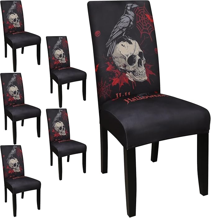 JQinHome Black Halloween Chair Slipcover,Skull Chair Covers Set of 6, High Stretch Washable Chair Protector Cover for Dining Room, Kitchen,Home Party,Wedding Ceremony(Skull Black,6PC)-Ruum Studio Home