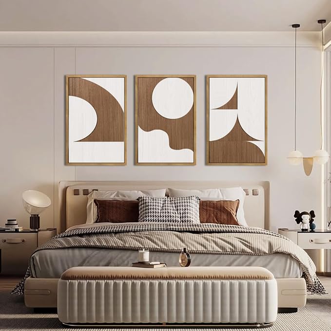 Large Abstract Brown and Beige Wall Art Set Modern Geometric Wood Grain Wall Decor Minimalist Neutral Mid Century Artwork Bohemian Art Decor for Living Room Bedroom Office-16x24Inch x3-Ruum Studio Home