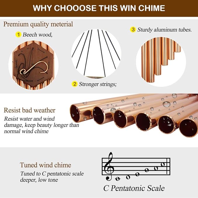Wind Chimes Outdoor Large Deep Tone, 44 Inch Sympathy Wind Chime Outdoor, Memorial Wind-Chime with 6 Tuned Tubes, Elegant Chime for Garden, Patio, Balcony and Home Decor, Rose Gold-Ruum Studio Home