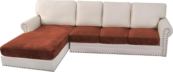 H.VERSAILTEX Velvet Stretch Sectional Couch Covers 4 Pieces Sofa Seat Cushion Covers L Shape Separate Cushion Couch Cover for Both Left/Right Sectional Couch (Large Sofa 3 Seater + 1 Chaise, Rust)-Ruum Studio Home