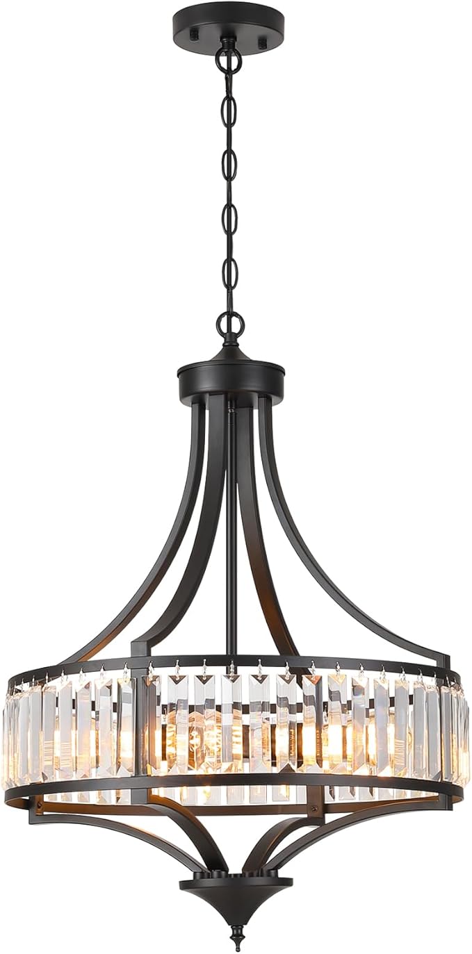 Modern Black Crystal Chandelier, 20 Inch Large Ceiling Pendant Light Fixture with 50'' Adjustable Hanging Chain, 5-Light Farmhouse Chandelier for Dining Room, Living Room, Bedroom, Entryway-Ruum Studio Home