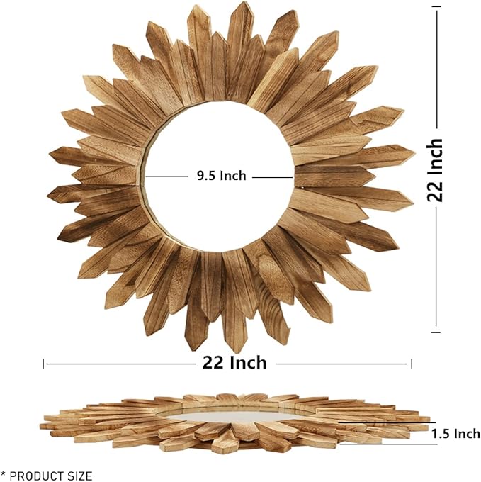 LOSOUR 2 Pack 22 Inch Boho Wall Sunburst Mirror Rustic Round Wood Decorative Mirror Boho Wall Art Decor for Entryway Bedroom Living Room-Ruum Studio Home