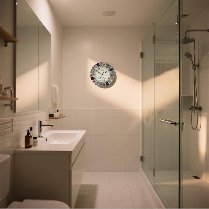 eYotto 10 Inch Small Indoor/Outdoor Waterproof Wall Clock with Thermometer Silent Non-Ticking Battery Operated Wall Clocks Weatherproof for Patio, Pool, Garden, Lanai, Fence, Porch, Deck, Bathroom-Ruum Studio Home