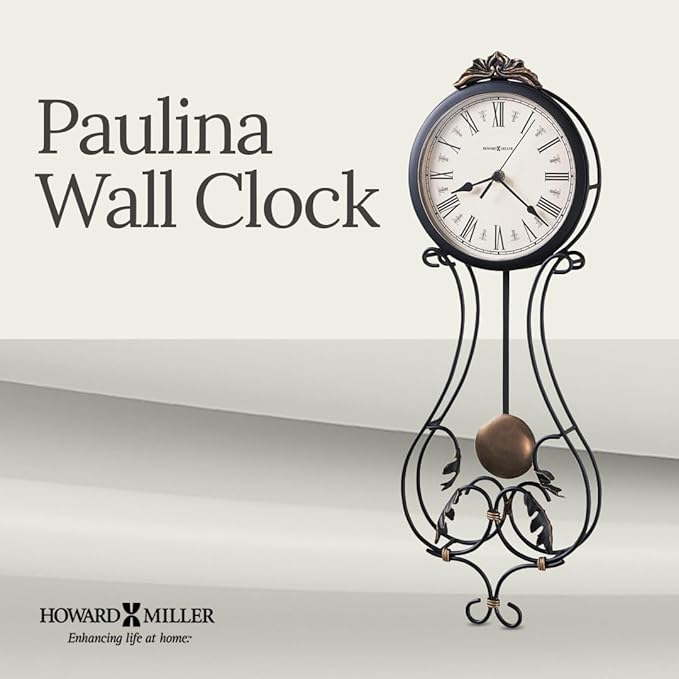 Howard Miller Paulina Wall Clock, Gray Finishes with Golden Pendulum & Quartz Movement, Classic Round White Dial with Roman Numeral Perfect for Home Decor, Living Room & Office Wall Mount-Ruum Studio Home