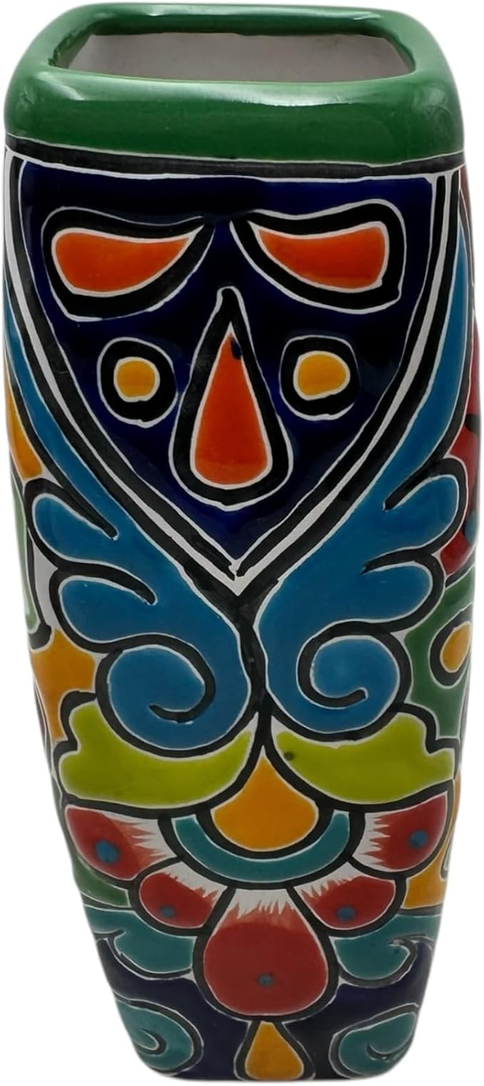 Talavera Planter Pot Square Vase Folk Art Mexican Pottery Handmade Hand Painted Home Decor Indoor Multicolor Outdoor 9.25" (Multi 12)-Ruum Studio Home