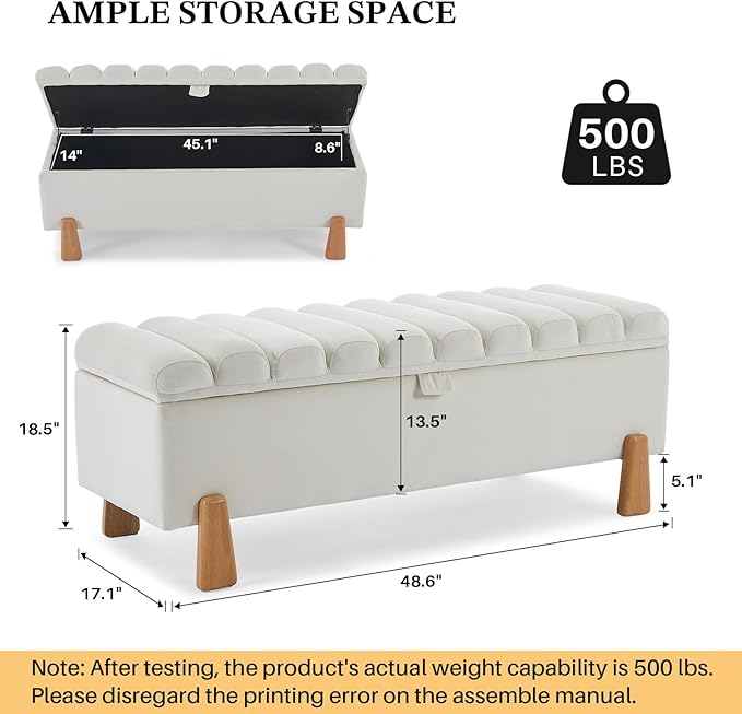 Storage Ottoman Bench for Bedroom Small Spaces 48.6 Inch with Hinged Lid Solid Wood Tapered Legs Tufted Upholstered Fabric for Living Room & Bedroom, Beige-Ruum Studio Home
