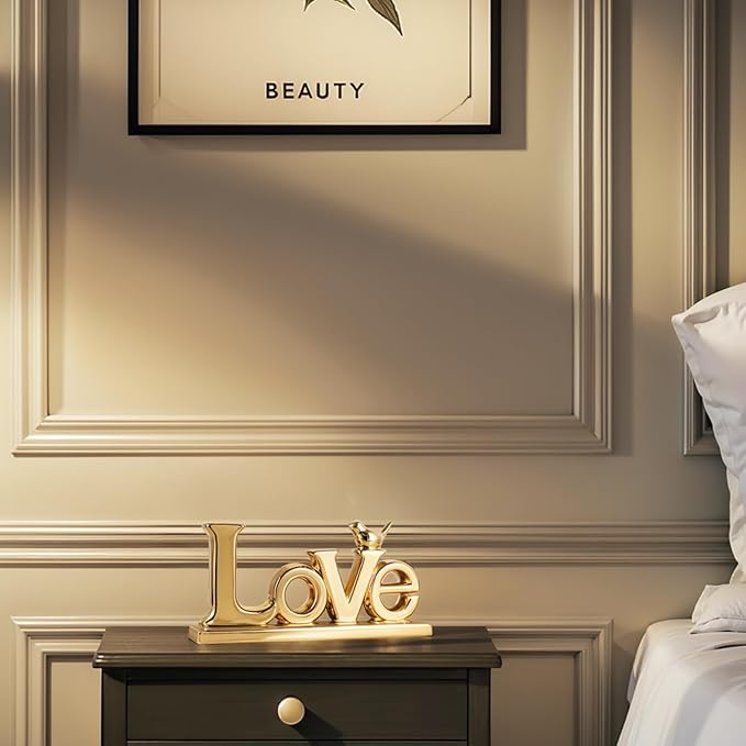 Gold Love Sign Statue - Personalized Home Decor, Bird Sculpture for Living Room, Bedroom, Desktop & Cabinets-Ruum Studio Home