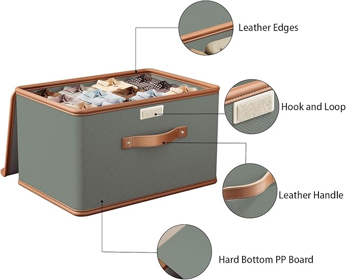 Tuza 4 Pack Storage Bins with Lids, Collapsible Closet Organizer Container, Fabric Organizer Box with Handles, Decorative Storage Boxes with Lids for Organizing Clothes, Blanket, Grey, Medium-Ruum Studio Home