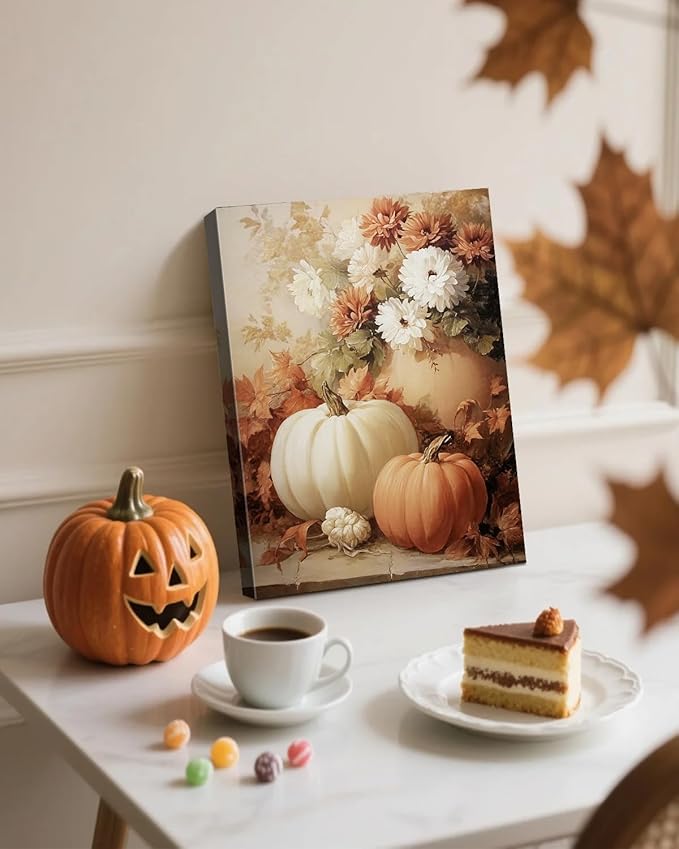 AbcCustomize Fall Wall Art Pumpkin Floral Print, Vintage Thanksgiving Decorations Canvas for Autumn Decor, Rustic Daisy Farmhouse Wall Art Decor for Bedroom Living Room Kitchen, Ready to Hang-Ruum Studio Home
