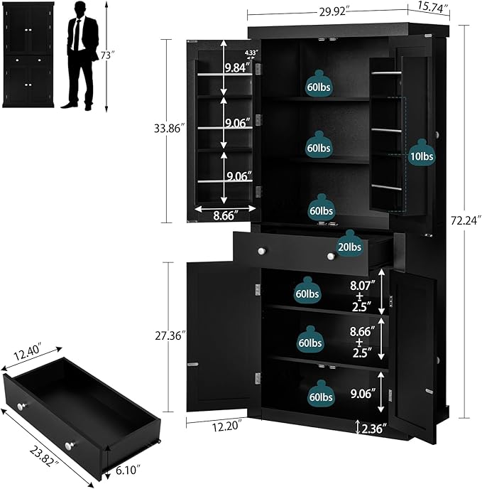 usikey 72” Kitchen Pantry Cabinet, Tall Storage Cabinet with 4 Doors and 1 Drawer, Freestanding Cupboard with 6 Hanging Shelves and Adjustable Shelves for Kitchen, Dining Room,Living Room, Black-Ruum Studio Home