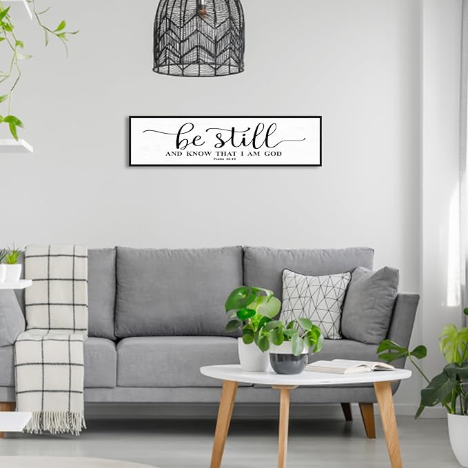 Be Still And Know That I Am God: Christian Bible Verse Wall Art Framed Scripture Sign Farmhouse Entryway Wall Hanging Plaque Religious Decor For Living Room Bedroom 12"X40"-Ruum Studio Home