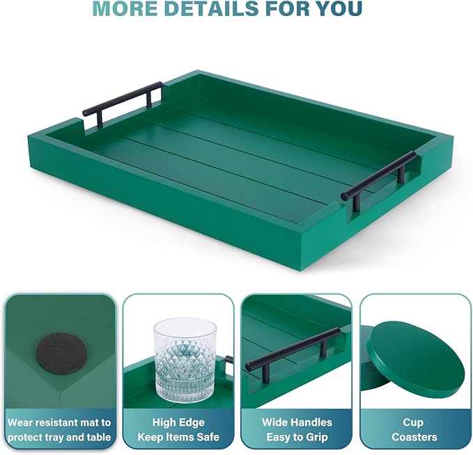 Ottoman Coffee Table Decorative & Serving Tray, 17x13 Inch Wood Tray with 4 Wooden Coasters - Perfect for Ottoman & Breakfast-Ruum Studio Home