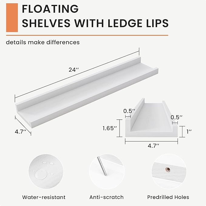 Solid Ash Wood Picture Ledge Shelf, 24 Inch Floating Shelves with Lip Set of 2, Photo Ledge Shelf Nursery Bookshelf Wall Mounted for Living Room Bedroom Decor, White-Ruum Studio Home