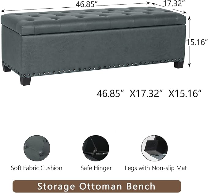 Joveco 47 Inch Storage Ottoman Bench,Tufted Fabric Storage Bench with Nailhead Trim for Bedroom (47”,Gray)-Ruum Studio Home