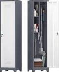 Storage Cabinet,Slim Broom Closet Storage Cabinets with Lockable Doors,Narrow Utility Cabinets with Hanging Rod,Tall Broom Closet for Laundry,Home Office,Grey-White-Ruum Studio Home