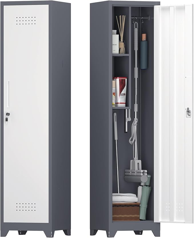 Storage Cabinet,Slim Broom Closet Storage Cabinets with Lockable Doors,Narrow Utility Cabinets with Hanging Rod,Tall Broom Closet for Laundry,Home Office,Grey-White-Ruum Studio Home