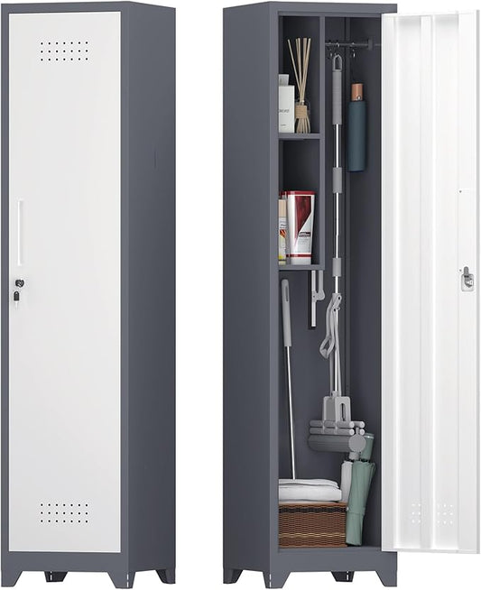 Storage Cabinet,Slim Broom Closet Storage Cabinets with Lockable Doors,Narrow Utility Cabinets with Hanging Rod,Tall Broom Closet for Laundry,Home Office,Grey-White-Ruum Studio Home
