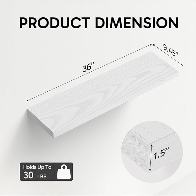 BAYKA Floating Shelves for Wall, 36 inches Wall Mounted Rustic Wood Shelves for Bathroom, Bedroom, Living Room, for Storage/Decor with 30lbs Capacity（White,Set of 3-Ruum Studio Home