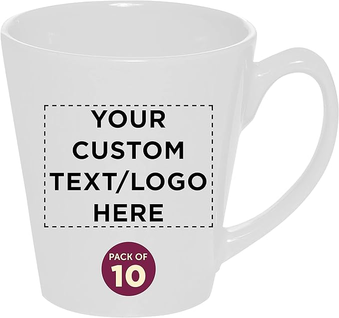 DISCOUNT PROMOS Custom Glossy Ceramic Latte Coffee Mug 12 oz. Set of 10, Personalized Bulk Pack - Perfect for Tea, Espresso, Cappuccino, Hot Cocoa - White-Ruum Studio Home
