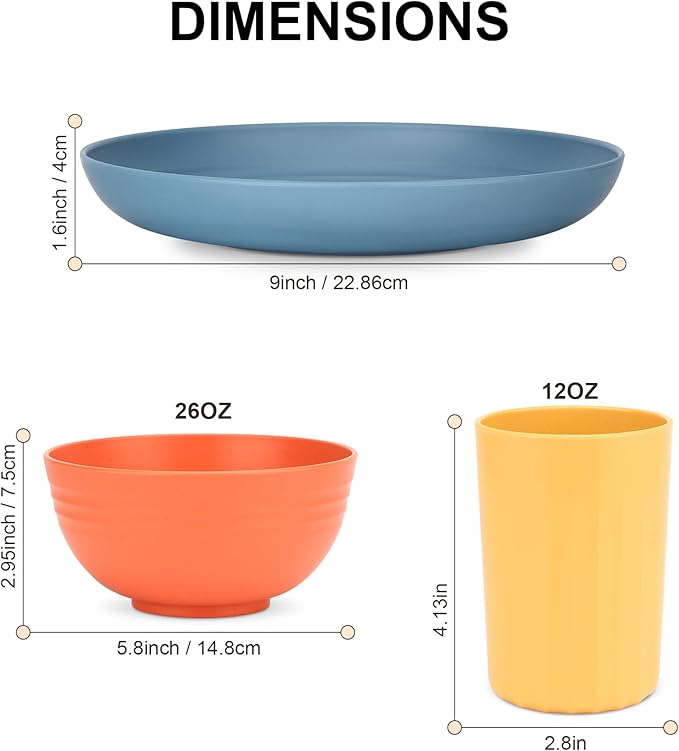 HOTEC 20-Pack Unbreakable Kitchen Plastic Wheat Straw Dinnerware Set – BPA-Free Plates, Bowls & Cups | Lightweight, Microwave & Dishwasher Safe | Multicolor Reusable Tableware for Home & Outdoor Use-Ruum Studio Home