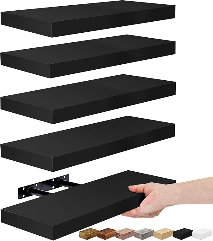 Sorbus Floating Shelves for Wall, Bathroom Shelves Wall Mounted for Kitchen, Bedroom, Living Room, Bathroom Storage, Over Toilet, Hanging Book Shelf for Ｗall Home Decor (Black, 5 Pack)-Ruum Studio Home