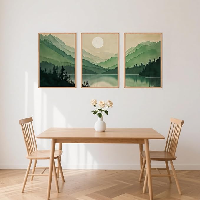 Celestdeco Watercolor Mountains Framed Canvas Wall Art Set, Boho Sun Forests Wall Decor, Green Scenery Wall Painting, Modern Woodland Artworks for Living Room, Bedroom, Dining Room, Office - 16"x24"x3-Ruum Studio Home