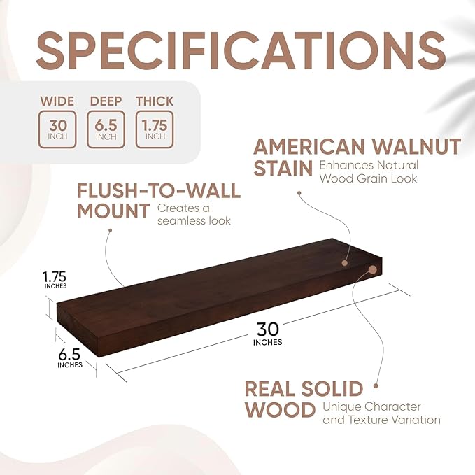 Homeforia 30inch Walnut Floating Shelves for Wall Mounted, High End Solid Real Wood 30 in Floating Shelf, Dark Brown Wooden 30 inch Long Floating Shelves, Heavy Duty Bracket, 30 X 6.5 X 1.75, Set of 2-Ruum Studio Home