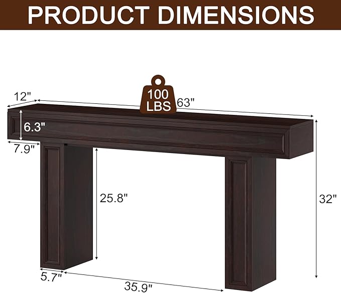 Rresyet 63 Inch Long Console Table, Sofa Table Behind Sofa, Wooden Entryway Table, Farmhouse Entryway Table for Entry, Hallway, Living Room (Cherry)-Ruum Studio Home