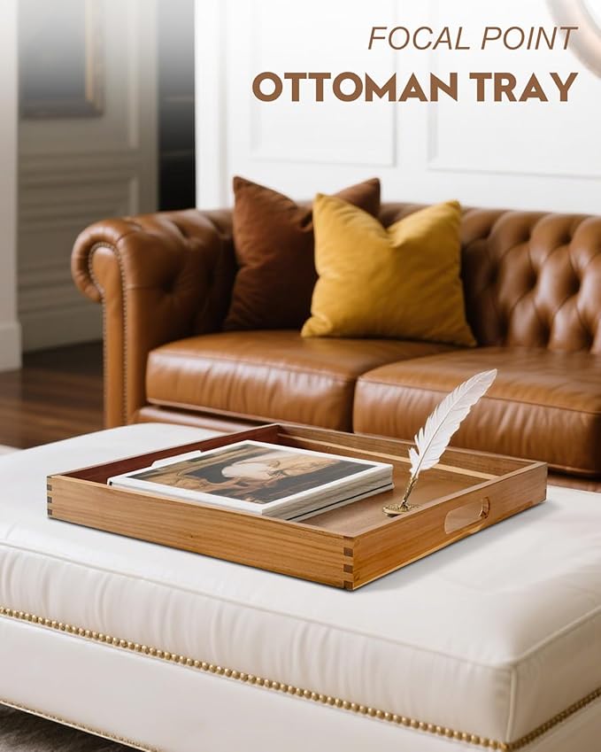 20 Inches Square Acacia Wood Ottoman Tray, Extra Large Wooden Serving Tray with Handles for Living Room, Serving Food Breakfast, Ottoman Coffee Table Couch Sofa Kitchen-Ruum Studio Home