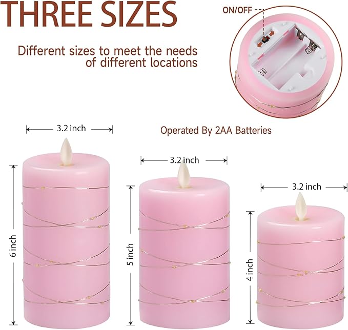 Pink Flameless Candles with String Lights Battery Operated Flickering LED Pillar Candles 4‘’ 5‘’ 6‘’ Candle with Remote Control, Set of 3-Ruum Studio Home