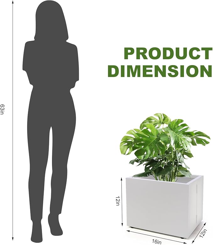Metal Planter Box Rectangular Block-No Installation Required Galvanized Steel Long Box Planter Modern Outdoor Planters All-Weather Use with Drainage Holes for Patio/Porch,16 ×12×12IN（White）-Ruum Studio Home