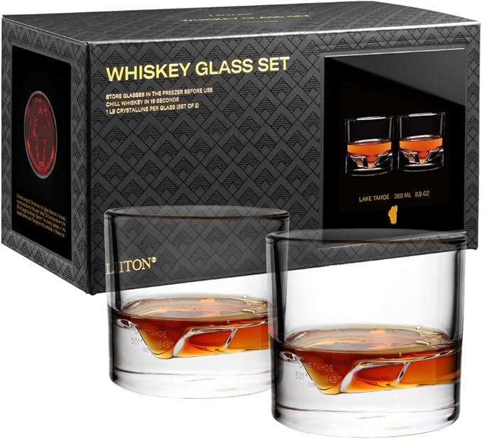 Lake Tahoe Heavy Crystal Whiskey Glasses Gift Set of 2, Thick Freezable Bourbon Glass 1lb Each, Premium Whiskey Gifts for Men, Frozen Crystal Chills Cocktails, 10 oz-Ruum Studio Home