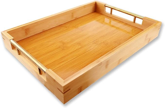 Bamboo Wood Serving Tray with Gold Polished Metal Handles, Decorative Tray Platter Coffee Table Tray Rectangular Wooden Breakfast Tray for Ottoman, Kitchen, Bedroom, Lap &Couch - 15x10.4 Inch-Ruum Studio Home