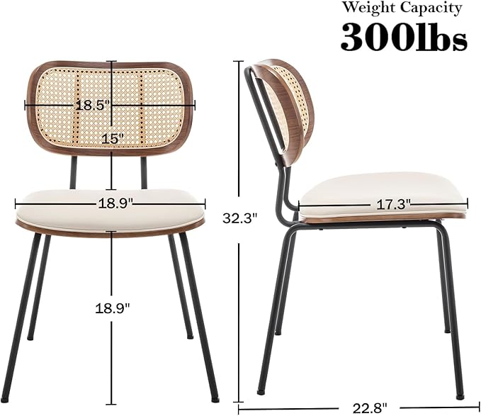 Rattan Dining Chairs Set of 2, Mid Century Modern Dining Chairs with Cane Back for Kitchen Dining Room, 19 Inch Faux Leather Beige-Ruum Studio Home