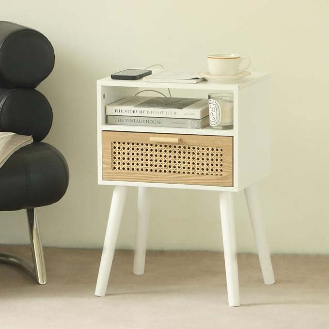 MaxSmeo Nightstand with Charging Station, Bedside Tables with Rattan Drawer, Mid Century Modern Nightstand, End Table for Living Room, Bedroom and Small Spaces, Easy Assembly (White)-Ruum Studio Home