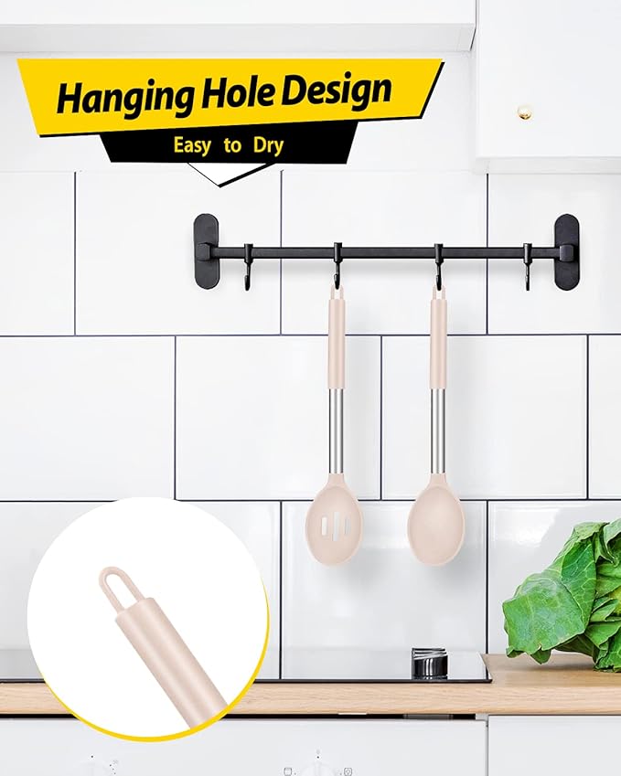 Pack of 2 Large Silicone Cooking Spoons,Non Stick Solid Basting Spoon,Heat-Resistant Kitchen Utensils for Mixing,Serving,Draining,Stirring (STAINLESS STEEL KHAKI)-Ruum Studio Home