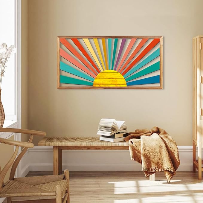 IARTTOP Large Boho Sun Wall Art Framed Wooden Art Wall Decor Sun Geometric Line Sunshine Wall Art for Living Room Bedroom Office 16"" x32, red-Ruum Studio Home