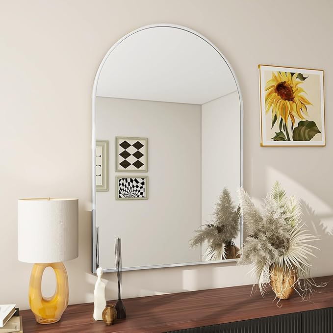BEAUTYPEAK 20"x30" Arch Bathroom Mirror, Wall Mounted Vanity Metal Frame Mirror for Bedroom, Entryway, Living Room, Silver-Ruum Studio Home