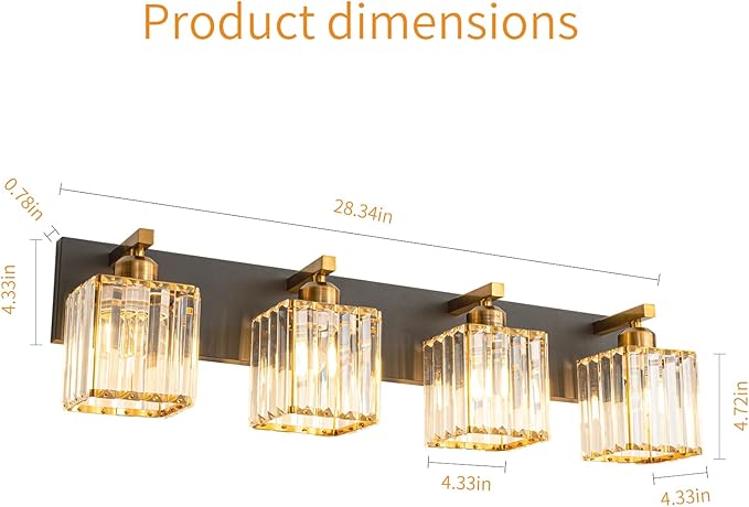 Modern Bathroom Vanity Light 4-Lights Black Gold Crystal Bathroom Wall Light Vanity Light Fixtures，28.34-inch Modern Minimalist Design-Ruum Studio Home