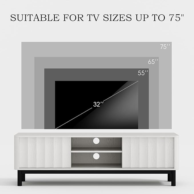 White Mid Century Modern TV Stand, Wood Fluted Living Room TV Stands with Storage Sliding Doors, Desert-Inspired Design MCM Entertainment Center for 55 60 65 70 75 55+ 60+ 65+ 70+ Inch-Ruum Studio Home