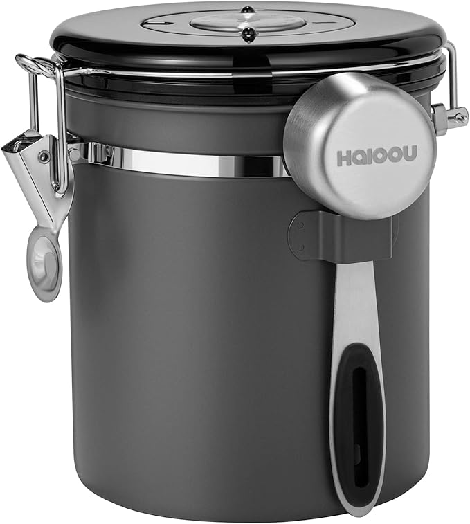 HAIOOU Airtight Coffee Canister, 16OZ Small Stainless Steel Coffee Bean Storage Container with Date Tracker, Measuring Scoop, CO2 Releasing Valves and Mini Tongs for Beans, Grounds and more - Gray-Ruum Studio Home