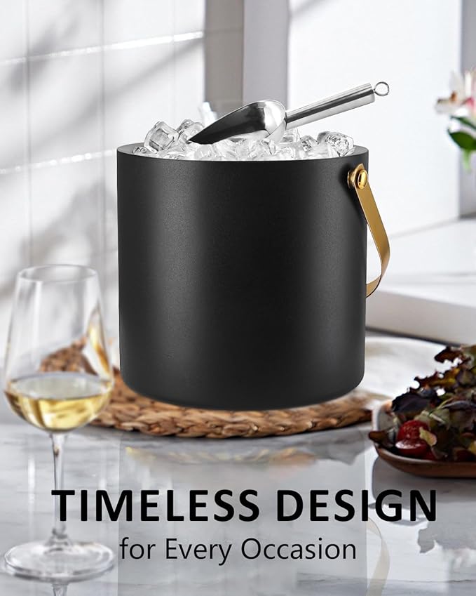 3L Ice Bucket with Silicone Lid, Scoop, Gold Tongs & Strainer, Stainless Steel Double Wall Insulated Ice Buckets for Parties & Cocktail Bar, Outdoor Champagne Ice Container Bin, Black-Ruum Studio Home